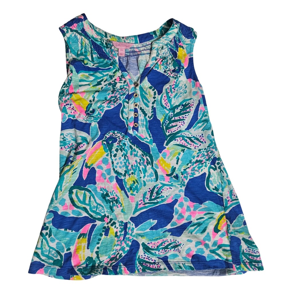 Lilly Pulitzer XXS Blue Green Tropical Floral Slub Knit Henley Tank Top